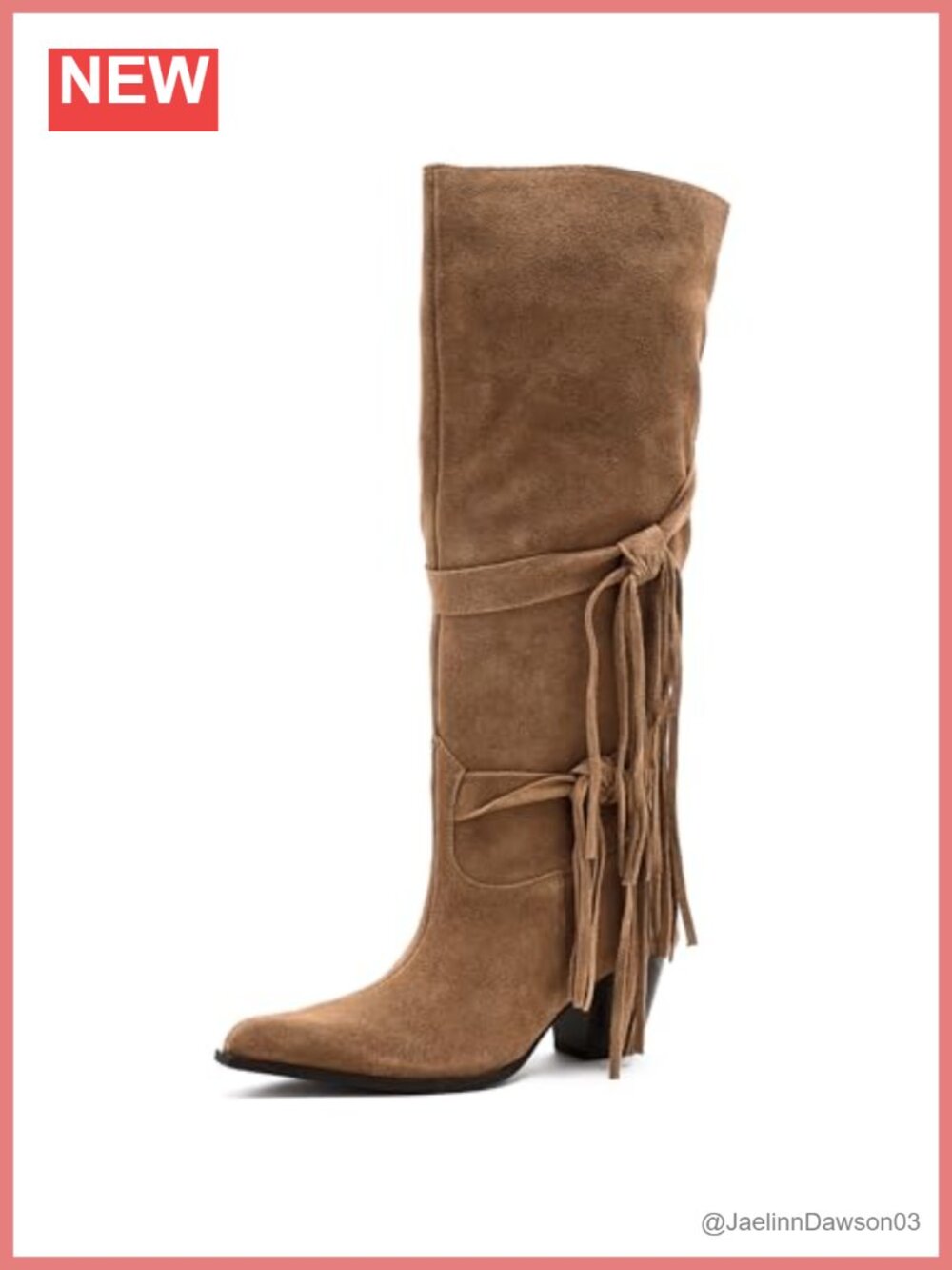 Suede Fringe Knee-High Boots Pointed Toe Pull-On Stacked Heel